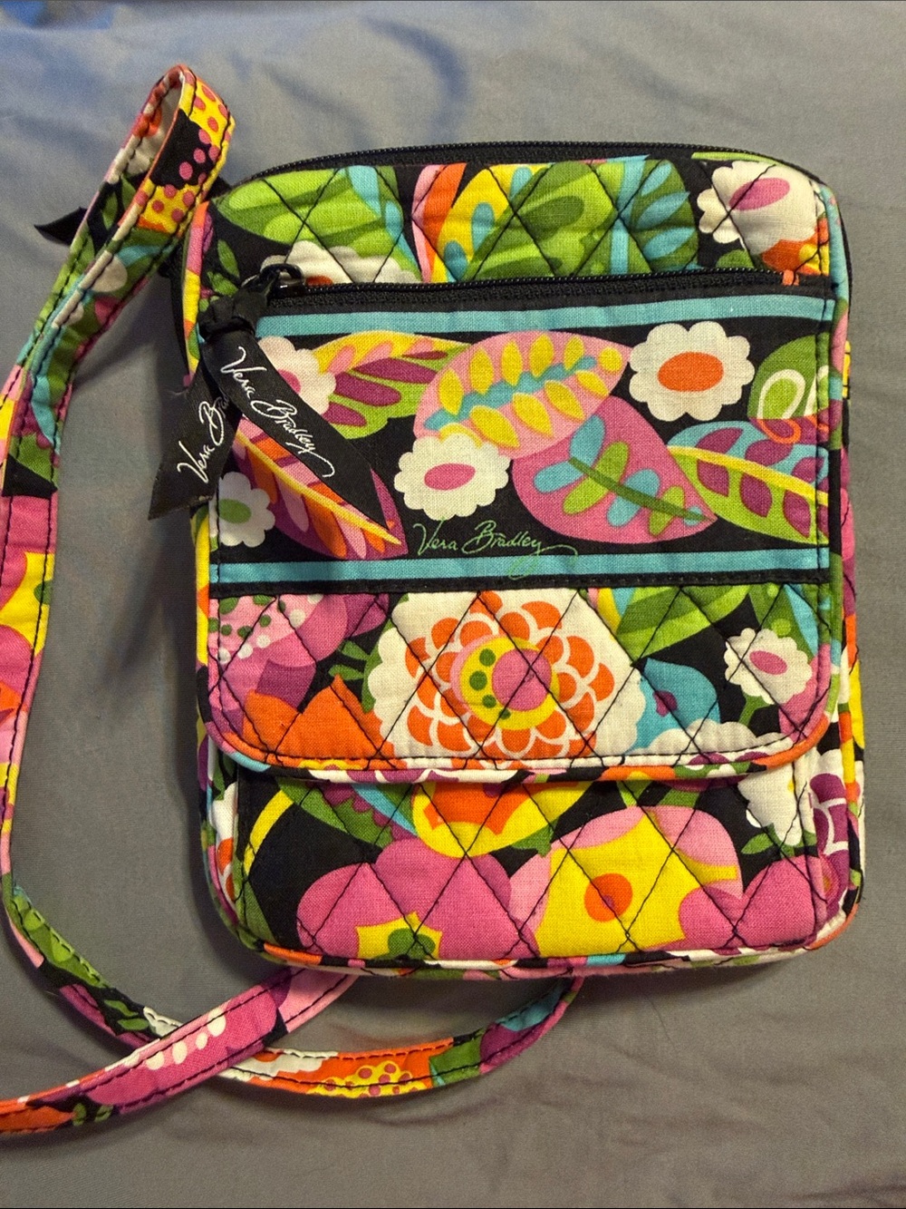 Vera Bradley Black Quilted Crossbody with Bright Floral Print